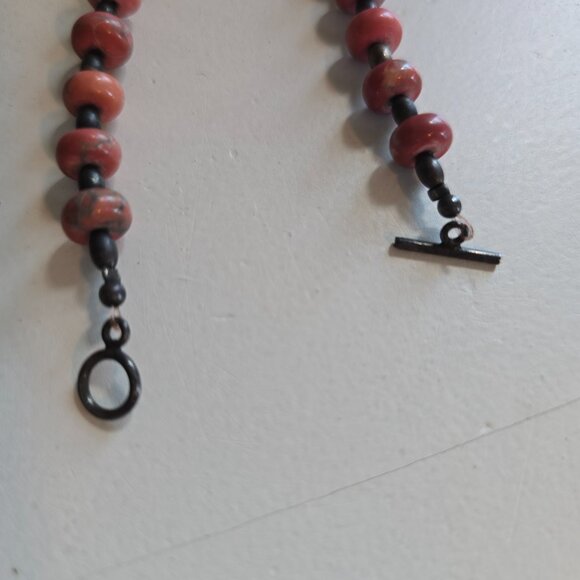 Natural Pink Rhodochrosite Etched Leaf Stone Beaded Necklace 15" - Picture 14 of 15